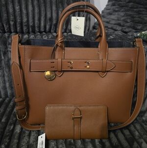 $398 Fossil Brown Leather Satchel Tote & $100 Wallet